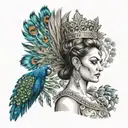 A realistic portrait of Hera with intricate details of her crown and peacock feathers, embodying her status as the queen of the gods tattoo design idea