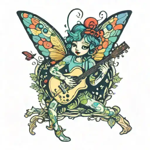 A whimsical tattoo of a fairy playing a guitar in a forest setting, with wings that resemble a butterfly's and colors inspired by a ladybug tattoo design idea