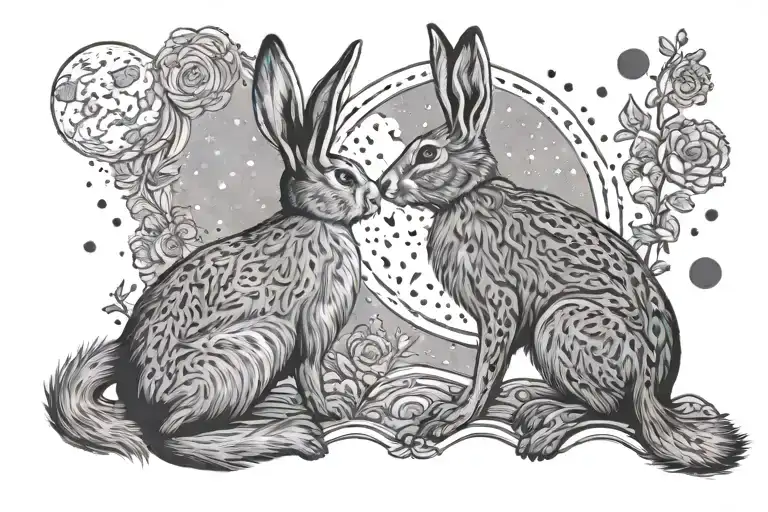 back view of two hares sitting next to each other and looking up at the moon tattoo design idea