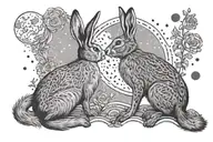 back view of two hares sitting next to each other and looking up at the moon tattoo design idea