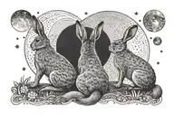 back view of two hares sitting next to each other and looking up at the moon tattoo design idea