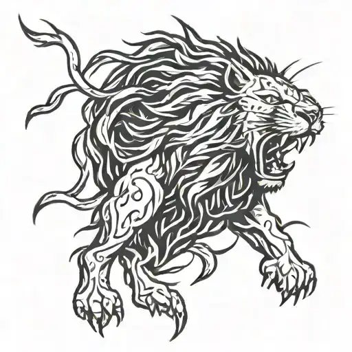 A fierce lion symbolizing strength and power, surrounded by bolts of lightning, with a subtle nod to Christian symbolism intertwined in the design tattoo design idea