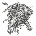 A fierce lion symbolizing strength and power, surrounded by bolts of lightning, with a subtle nod to Christian symbolism intertwined in the design tattoo design idea