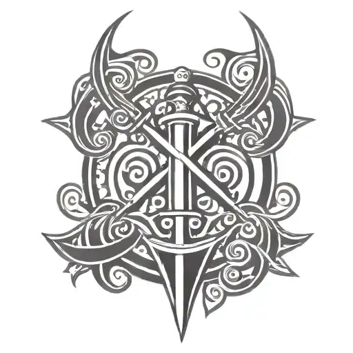 triskele crest with a long sword vertically behind it the handle at the top tattoo design idea