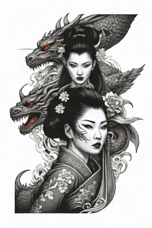 kitsune,geisha, dragon, dagger tattoo design idea