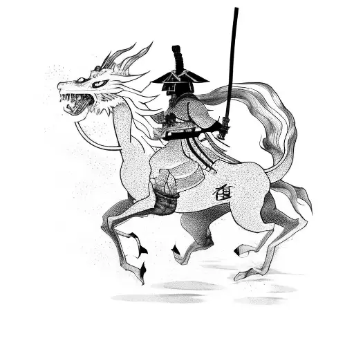 A japanese samurai riding a chinese zodiac horse with a dragon’s head tattoo design idea