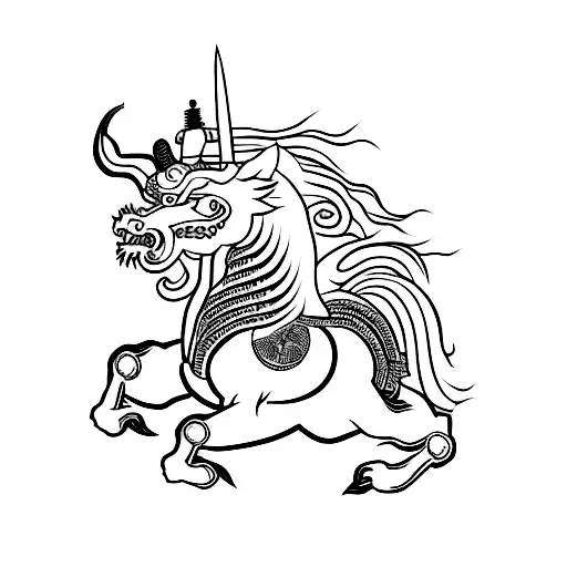 A japanese samurai riding a chinese zodiac horse with a dragon’s head tattoo design idea