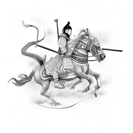 A japanese samurai riding a chinese zodiac horse with a dragon’s head tattoo design idea