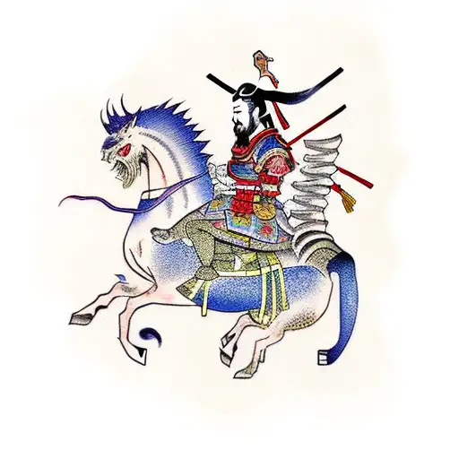 A japanese samurai riding a chinese zodiac horse with a dragon’s head tattoo design idea