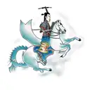 A japanese samurai riding a chinese zodiac horse with a dragon’s head tattoo design idea