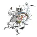 A japanese samurai riding a chinese zodiac horse with a dragon’s head tattoo design idea