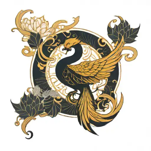 kintsugi phoenix rising on porcelain pattern with lotus futuristic elements  tattoo design idea