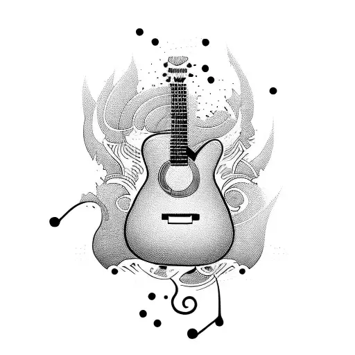 A guitar transforming into a flowing river tattoo design idea