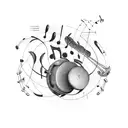 An abstract composition featuring various musical instruments intertwined with athletic training equipment, with a dog's paw print subtly integrated into the design tattoo design idea