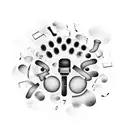 An abstract composition featuring various musical instruments intertwined with athletic training equipment, with a dog's paw print subtly integrated into the design tattoo design idea