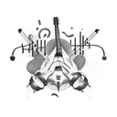 An abstract composition featuring various musical instruments intertwined with athletic training equipment, with a dog's paw print subtly integrated into the design tattoo design idea