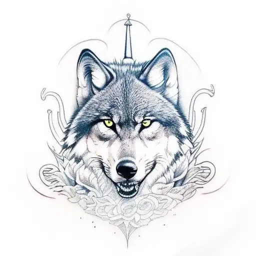 The first image is a captivating tattoo design. The content features a lone wolf, its fur detailed with hyper-realistic  tattoo design idea