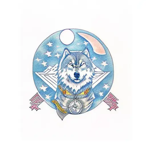 a lone wolf, its fur detailed with hyper-realistic precision, standing beneath a sky adorned with a crescent moon and a  tattoo design idea