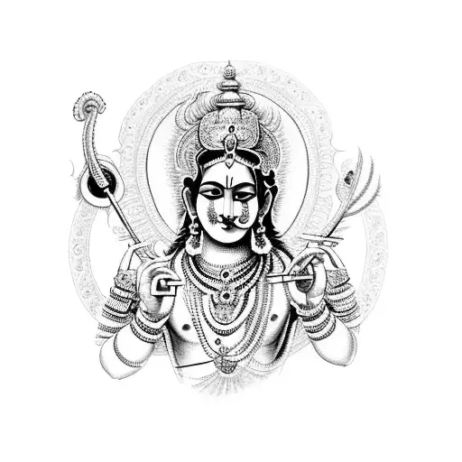 An intricate blackwork tattoo of Lord Krishna surrounded by various drawing tools like pencils, paintbrushes, and markers tattoo design idea