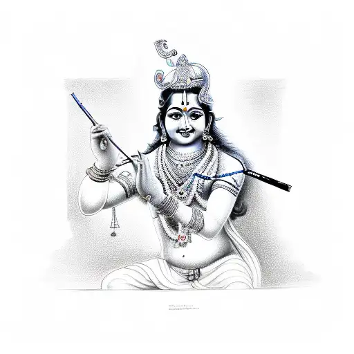 A detailed sketch of Lord Krishna holding a pencil and drawing on a stock market graph tattoo design idea