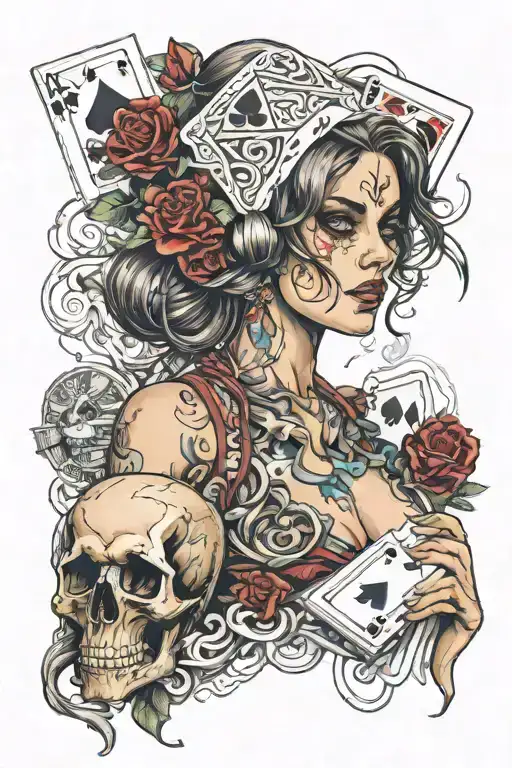 sexy girl with blackjack and skull made tattoo design idea