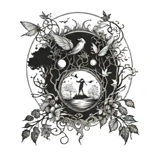 An intricate blackwork tattoo design featuring a fairy surrounded by elements of environmental science, such as trees and animals tattoo design idea