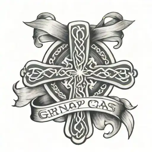 celtic cross with ribbon on the cross saying grandpa and also saying until we meet again tattoo design idea