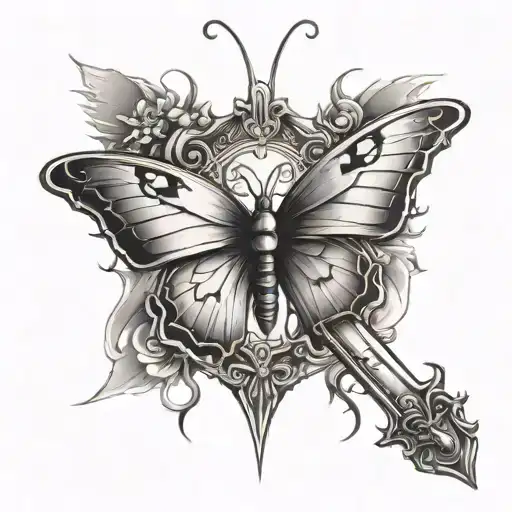 Butterfly with ripped wings and a sword down the center tattoo design idea