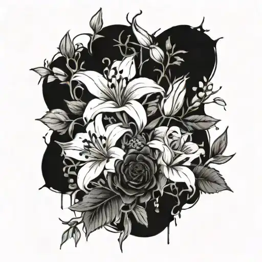 Flower bouquet with lily, rose, holly and daisy and says family on the stem tattoo design idea