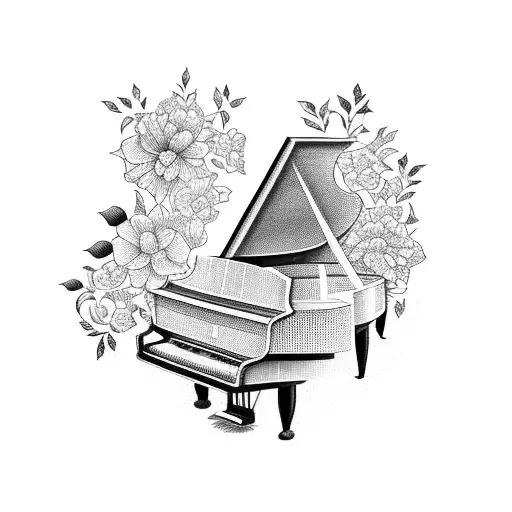 A blackwork tattoo of a grand piano surrounded by lush green trees and flowers tattoo design idea