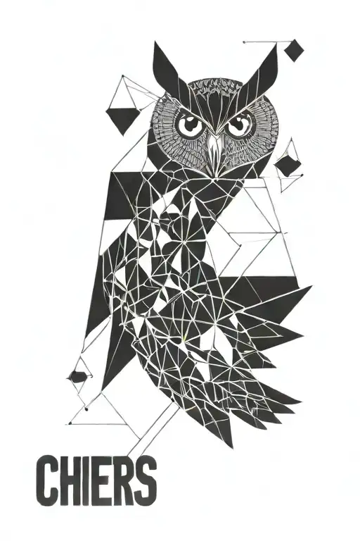 "Abstract owl figure extending from shoulder to lower arm, surrounded by geometric shapes, with small 'cheers' in Russian on lower arm tattoo design idea