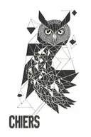 "Abstract owl figure extending from shoulder to lower arm, surrounded by geometric shapes, with small 'cheers' in Russian on lower arm tattoo design idea