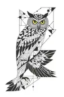 "Abstract owl figure extending from shoulder to lower arm, surrounded by geometric shapes, with small 'cheers' in Russian on lower arm tattoo design idea