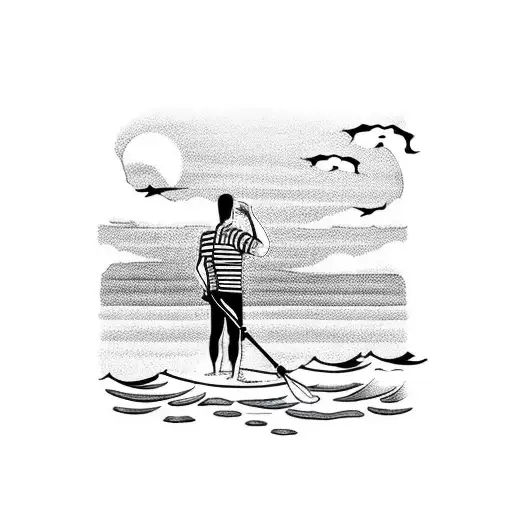 man standing on a beach watching someone kayak away sunset tattoo design idea