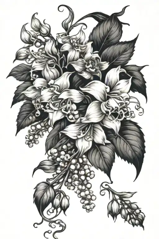 lily of the valley, roses, Canterbury bells, blue bells, daisys and grapes on the vine tattoo sleeve tattoo design idea