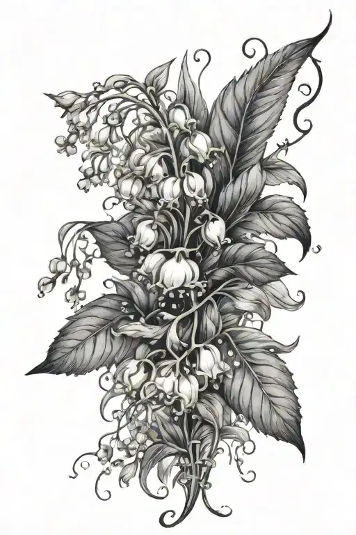 lily of the valley flower's and bluebells and roses and Canterbury bells and grapes on the vine, arm sleeve  tattoo design idea