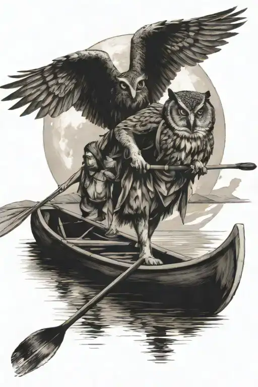 owl and moon guardian over man canoeing into the night for women tattoo design idea