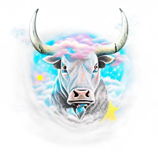 bull in water form camouflaged in the clouds of a starry night sky tattoo design idea