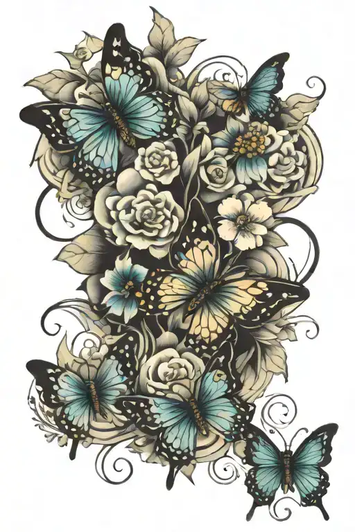 three butterfly's spiriling twords a flower  tattoo design idea