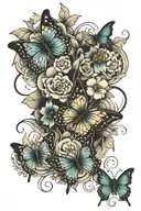 three butterfly's spiriling twords a flower  tattoo design idea