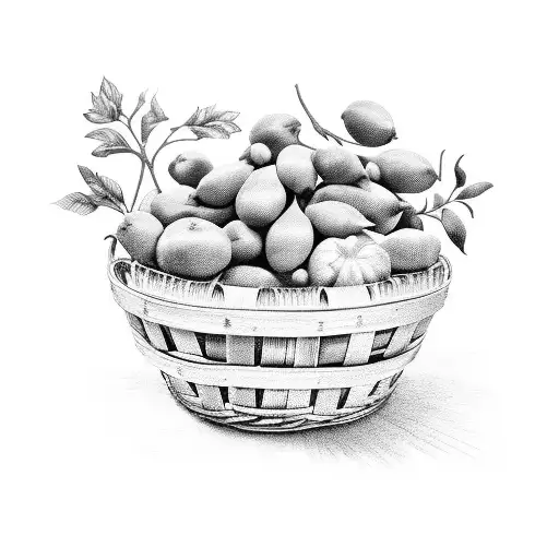 a traditional wooden basket full of tomatoes, oranges, peppers, lemons, Broad beans, cabbage, potatoes, Quetsche, Mirabe tattoo design idea