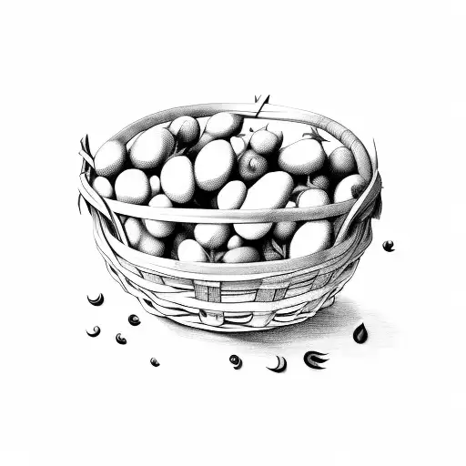 a traditional wooden basket full of tomatoes, oranges, peppers, lemons, Broad beans, cabbage, potatoes, Quetsche, Mirabe tattoo design idea