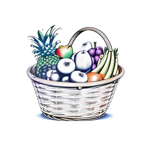 a traditional wooden basket full of fruit and vegetables native to my origin of Valencia (spain) and Alsace (france), co tattoo design idea