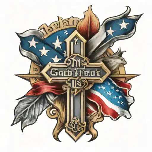 In God we trust with cross and American flag tattoo design idea
