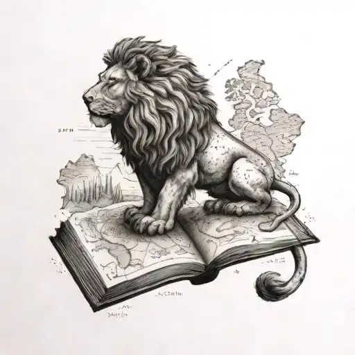 A book with a lion on the cover reading a map of Europe tattoo design idea
