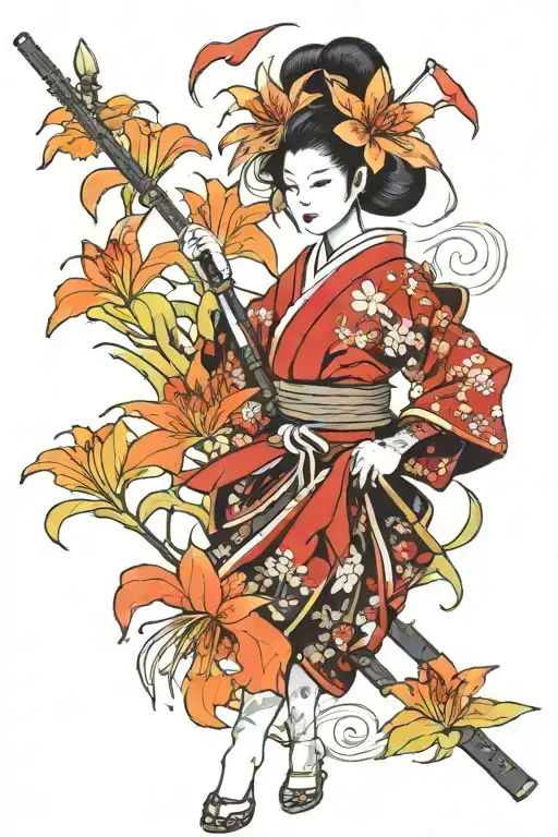 samurai girl holding red spider lily tattoo design idea