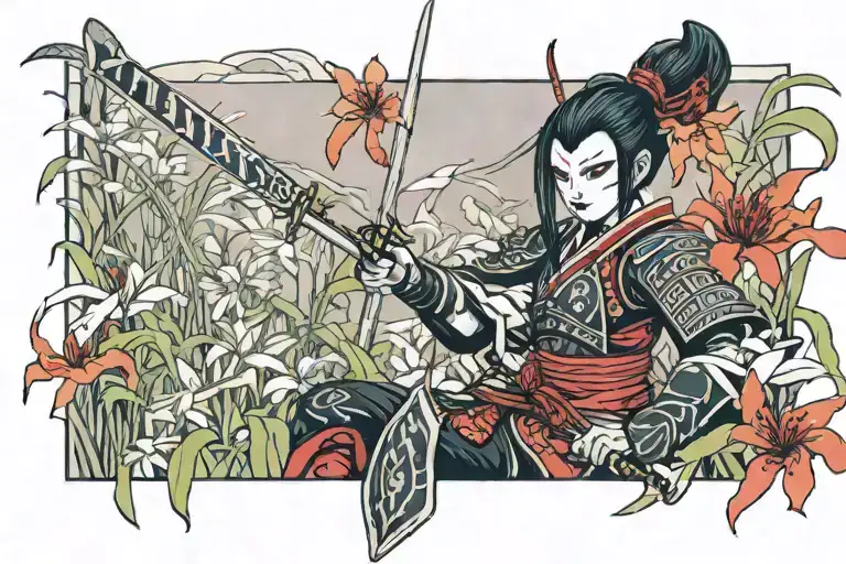 samurai girl wearing a kabuki mask and armor in a field of red spider lilies  tattoo design idea