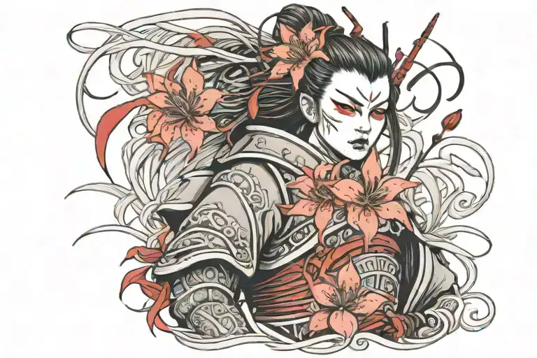 samurai girl wearing a kabuki mask and armor in a field of red spider lilies  tattoo design idea