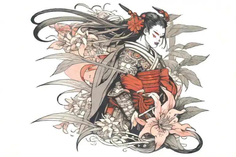 samurai girl wearing a kabuki mask and armor in a field of red spider lilies  tattoo design idea