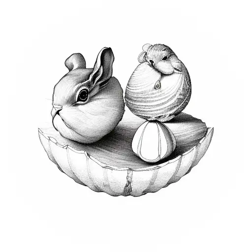 woman in a walnut shell on the ocean with 2 birds on her shoulder and a rabbit peeking out of the walnut shelf. tattoo design idea